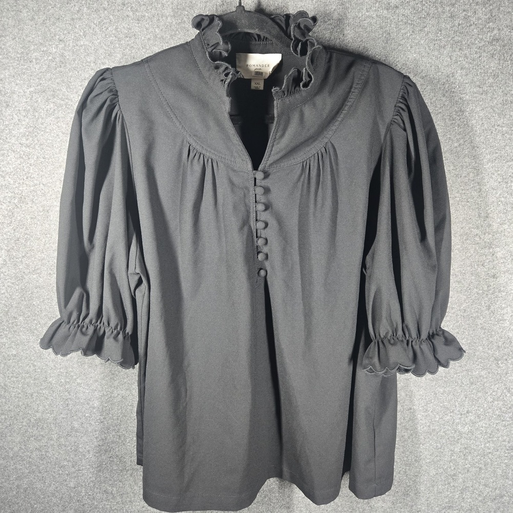 Pomander Place Selena Blouse XXL Black Ruffle Neck Button Front Puff Sleeve Boho